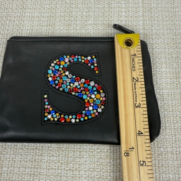 Bloomingdales Black Zipper Pouch Rhinestone Initial S Zip Coin Card Holder - Picture 1 of 5
